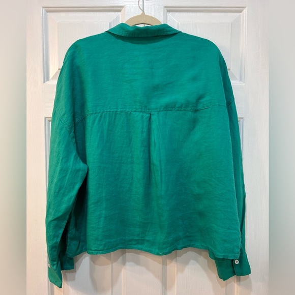 Cynthia Rowley 100% Linen Green Button Down Top Sz XL Boxy Cropped Pocket Preppy - Picture 2 of 9
